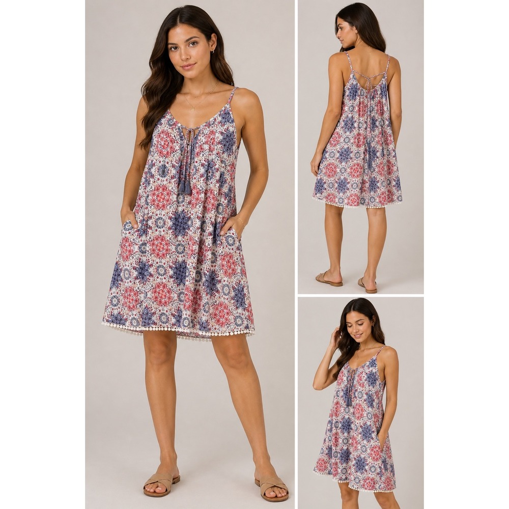 WallFlower Womens Medallion Floral Mini Dress Red Blue Lace Up Back Pom Pom L